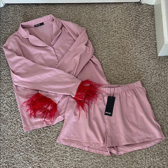 NWT Nasty Gal Soft Pink Cotton Blend Pajamas Set w/ Faux Feathers - Size 14 - Picture 1 of 15